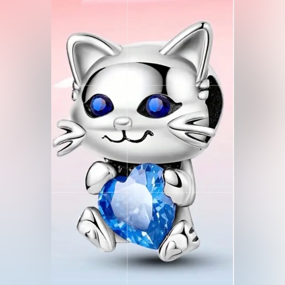 Pandora 925 Sterling Silver Cat with a Blue Gemstone Eyes & Heart Charm